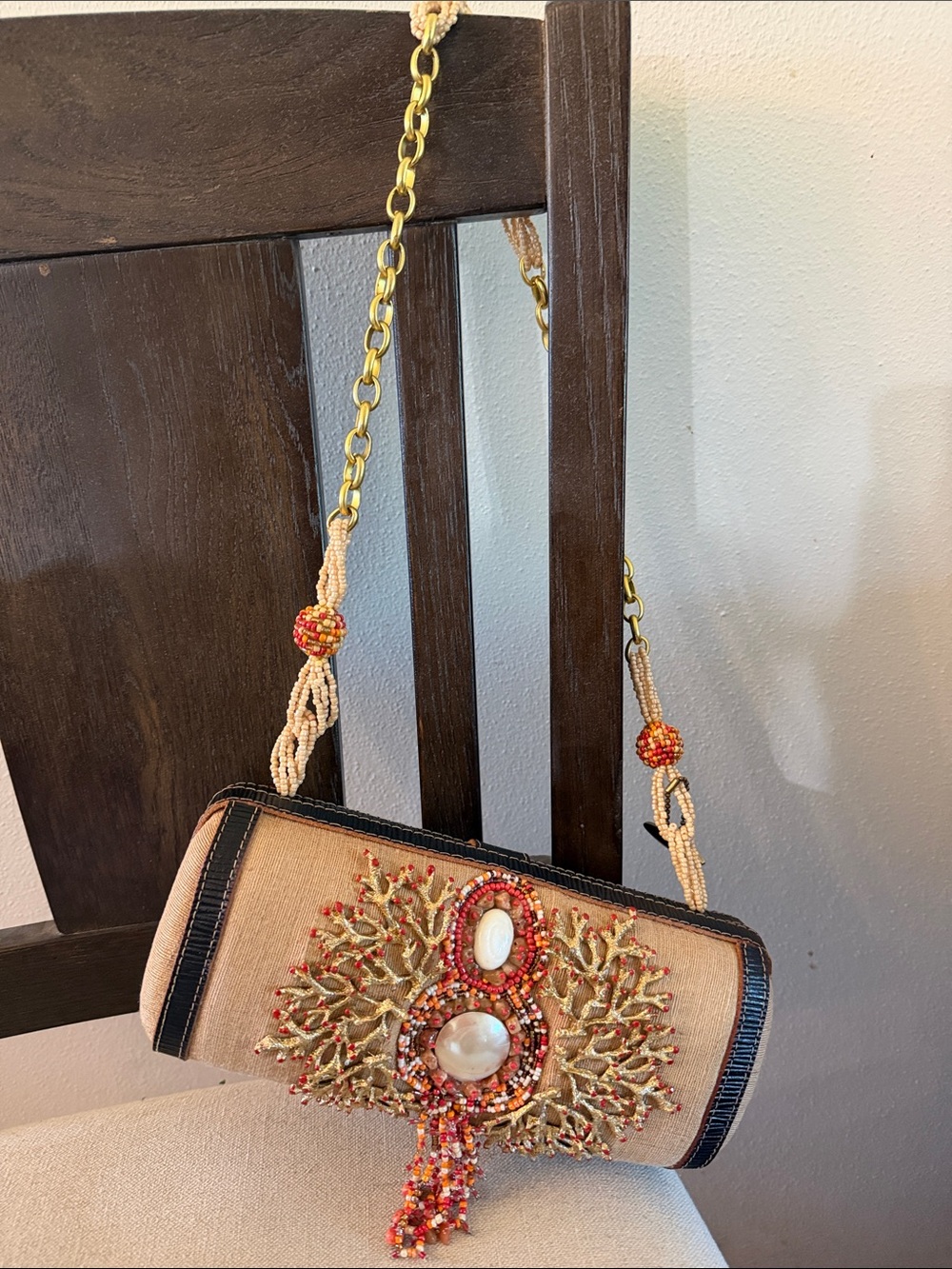 Mary Frances Rare Beaded Embellished Coral Motif Shoulder Bag Gold Tan Red - Picture 2 of 10